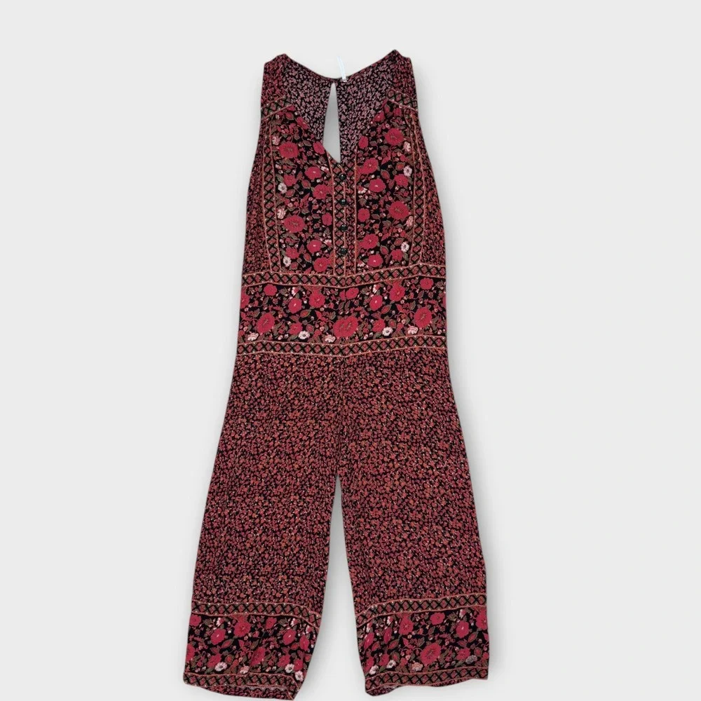 Free People Jumpsuit XS Red Black Floral‎ Wide Leg Cropped Keyhole Back Boho